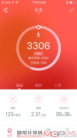 App计步统计界面，可以显示每日、每周、每月、每年的数据。